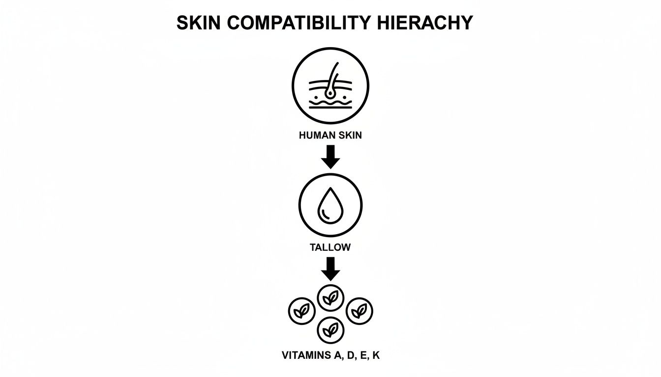 A hierarchy diagram showing skin compatibility: Human Skin followed by Tallow, then Vitamins A, D, E, K.