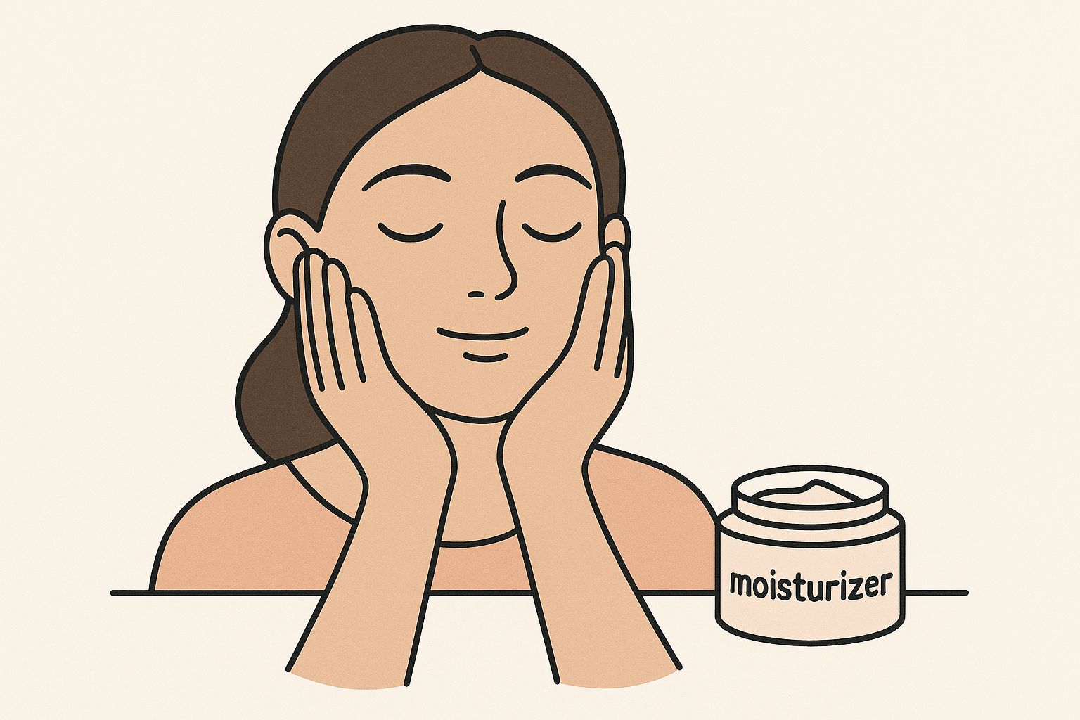 Woman with sensitive skin applying moisturizer in front of a mirror