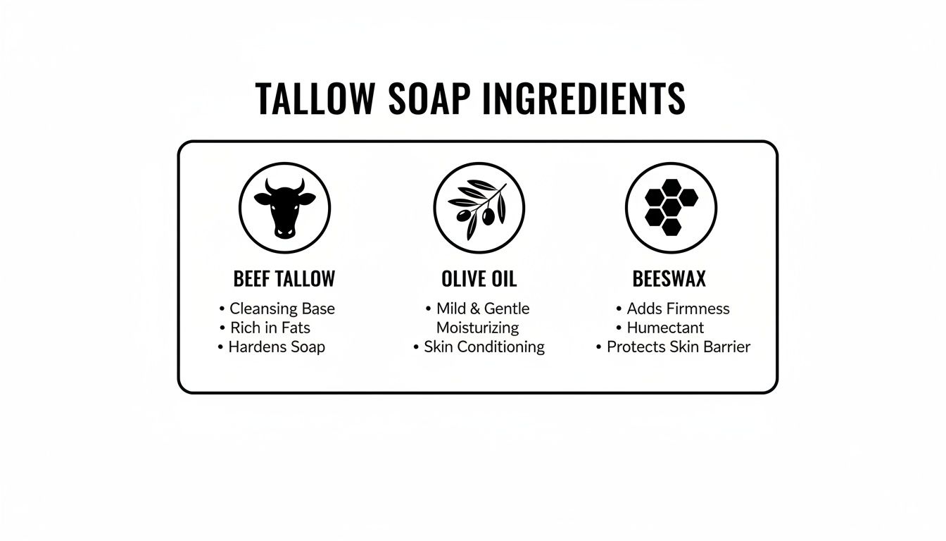 Infographic showing tallow soap ingredients: beef tallow, olive oil, and beeswax, highlighting their individual benefits.