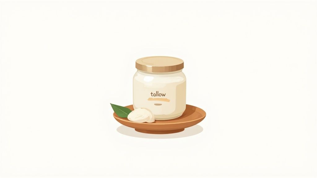 A jar of creamy tallow body butter surrounded by natural elements.