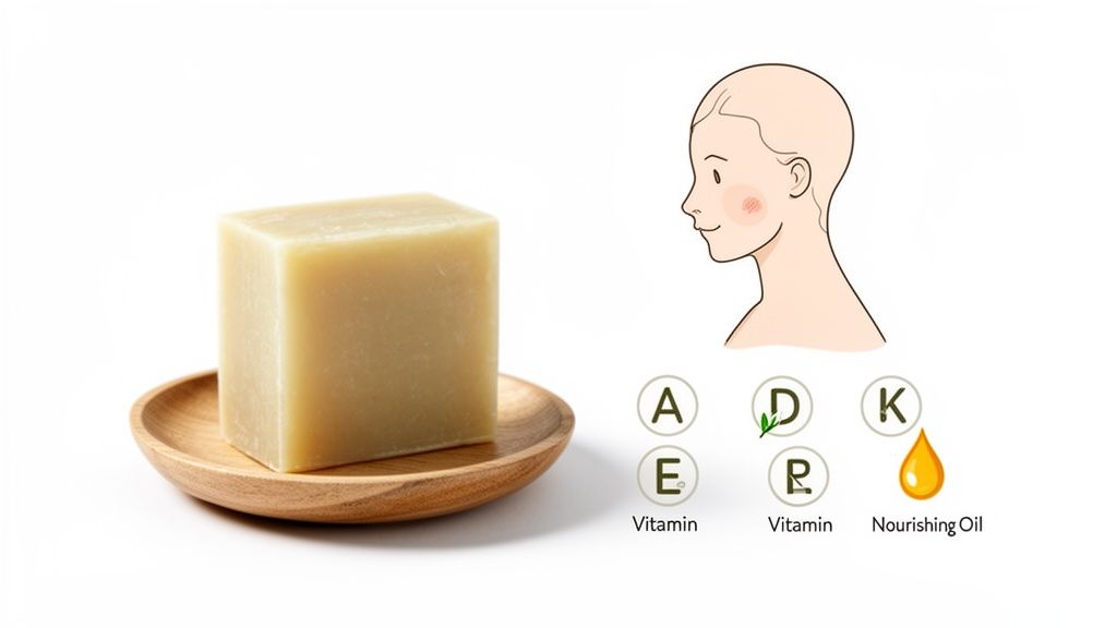 Natural soap bar on a wooden dish with illustrated skin benefits: vitamins A, E, D, K, P, and nourishing oil.