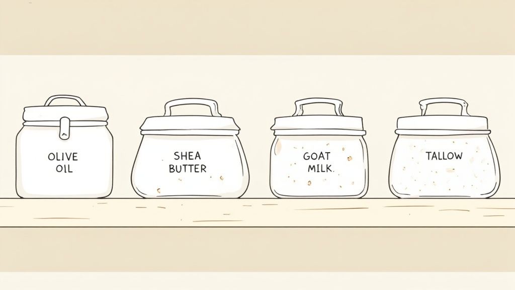 A bar of natural tallow soap resting on a wooden dish, surrounded by natural elements like leaves.