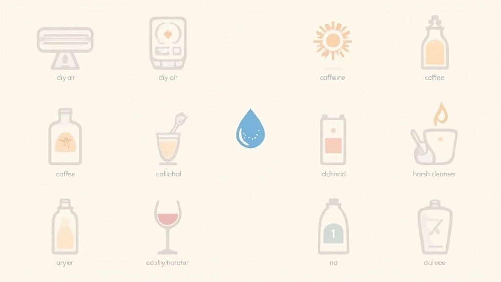 A grid of icons illustrating factors like dry air, caffeine, and alcohol, surrounding a central water drop symbol.