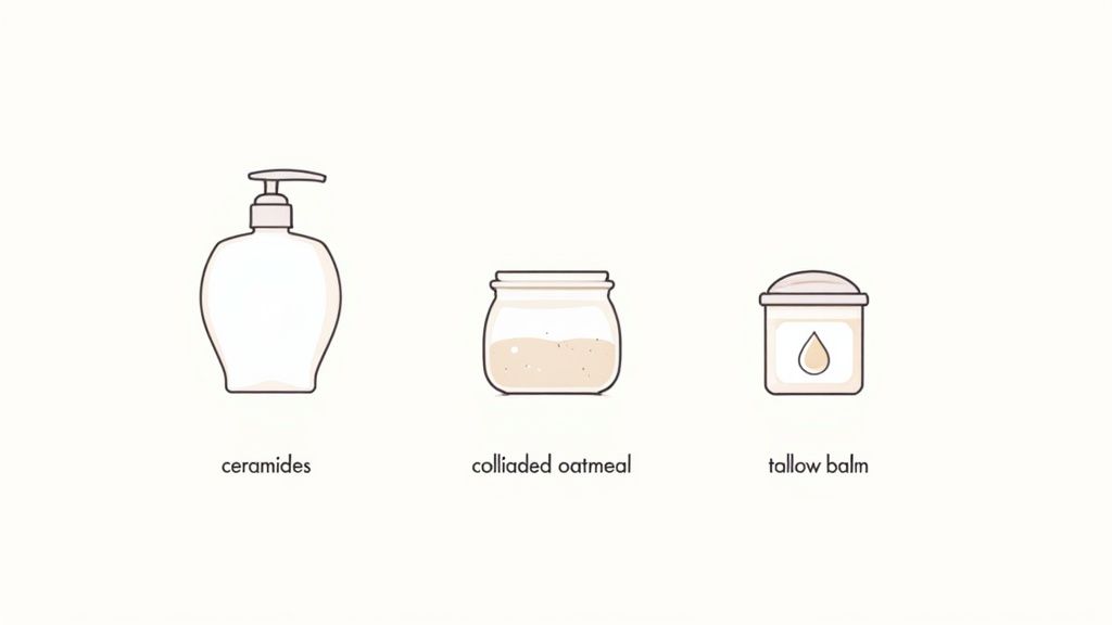 Minimalist illustrations of three ingredients for baby eczema: ceramides in a pump bottle, colloidal oatmeal in a jar, and tallow balm.
