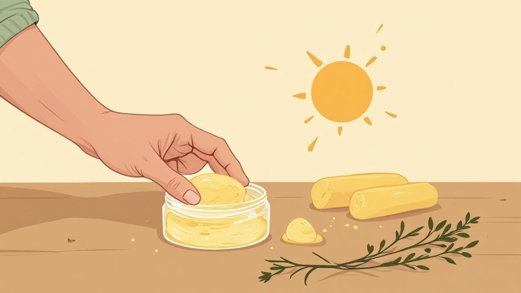 Hand dipping finger into jar of yellow beef tallow moisturizer on wooden table with sunshine