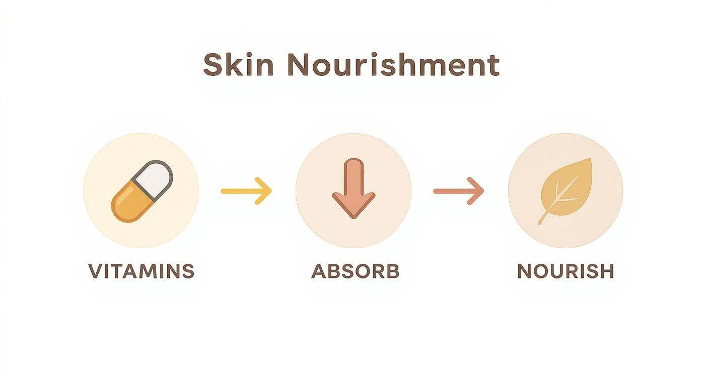 Skin nourishment process diagram showing vitamins absorbing into skin to provide natural nourishment benefits