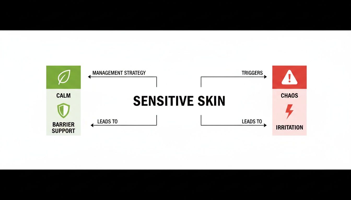 Diagram illustrating sensitive skin causes, effects, and management strategies for calm and barrier support.