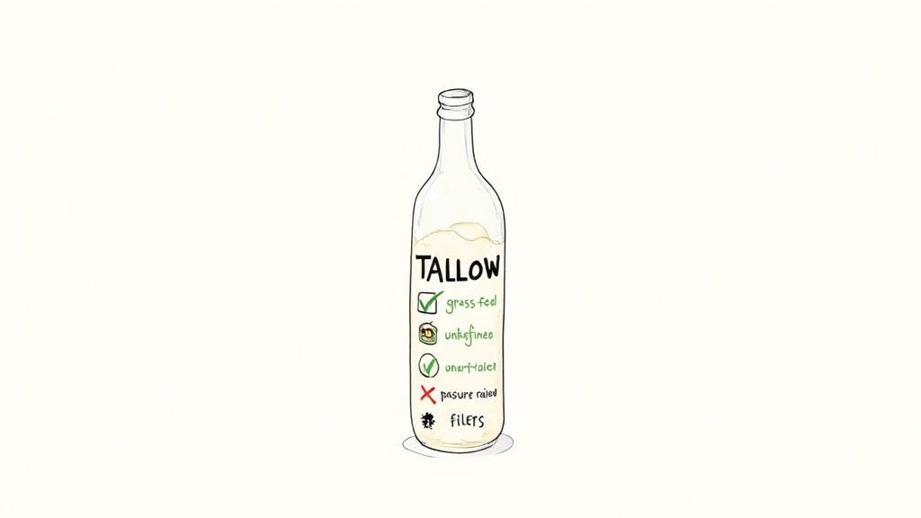 A hand-drawn bottle of tallow with labels indicating it's grass-fed, unrefined, and unaltered.