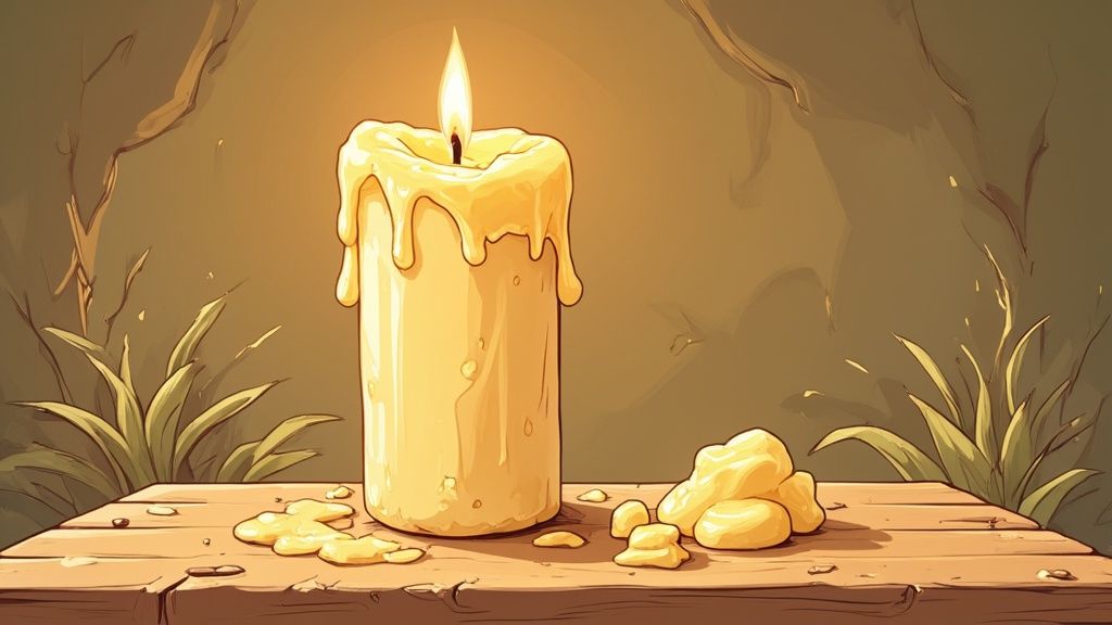 Handmade tallow soap and candles arranged on a rustic wooden surface.
