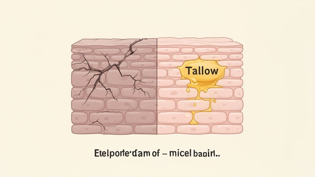 Illustration comparing dry, cracked skin to healthy skin moisturized and sealed with tallow.