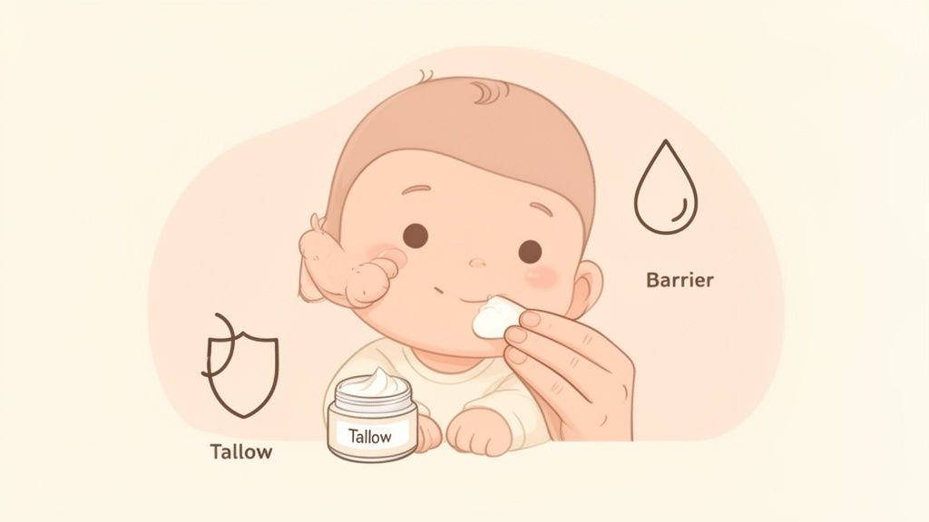 An illustration of an adult applying tallow cream to a baby's face, highlighting its barrier protection.