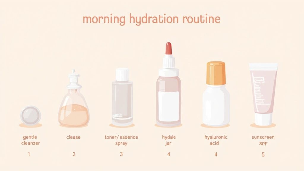 A visual guide to a morning hydration routine, showing six numbered skincare products from cleanser to sunscreen.