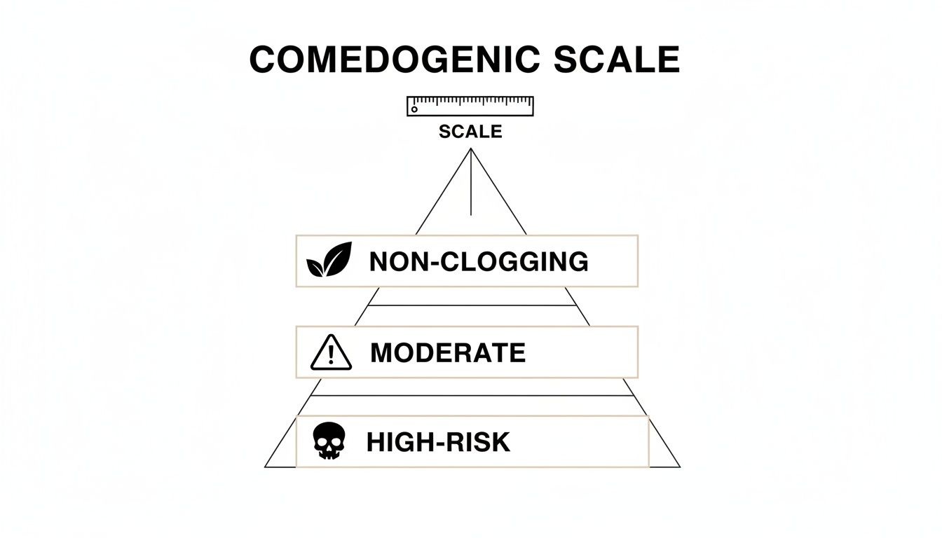 A comedogenic scale pyramid showing non-clogging, moderate, and high-risk pore-clogging ingredients.