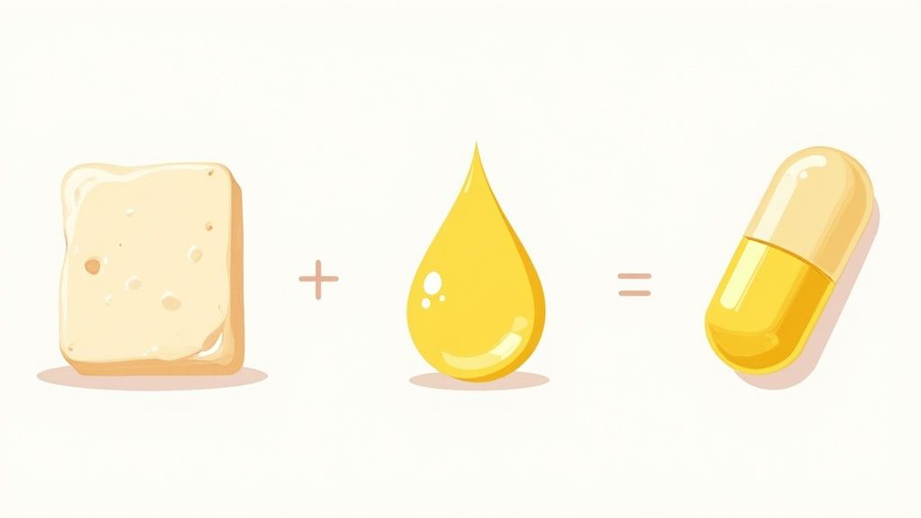 A hand gently holding a small white jar of tallow cream, with a lush green, out-of-focus farm field in the background, suggesting a connection to nature and sustainability.