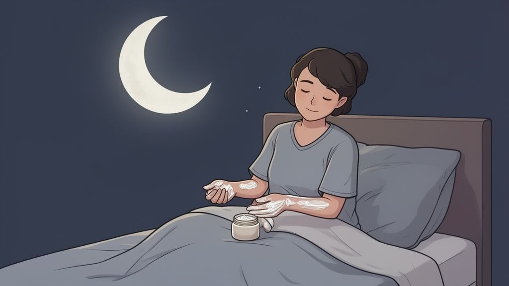 A woman in bed at night applying moisturizer to her arms, with the moon outside.
