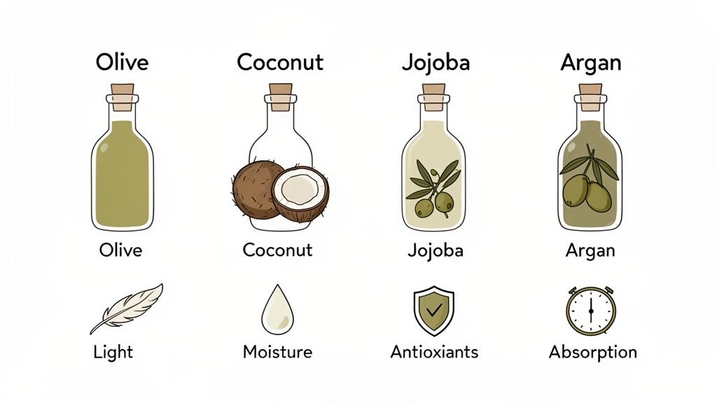 Four bottles of natural oils: Olive, Coconut, Jojoba, and Argan, with their unique skin care benefits listed below.