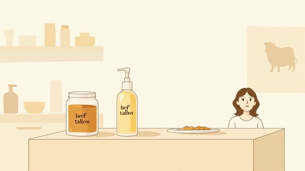 A woman looks surprised at beef tallow products for food and skincare, with a cow silhouette.