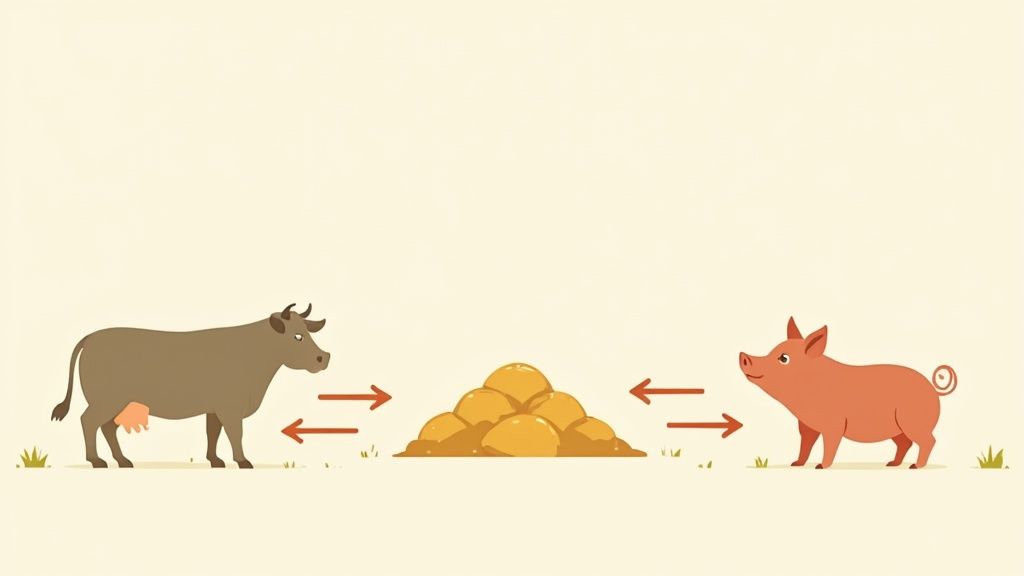 A herd of cows grazing peacefully in a lush, green pasture under a clear blue sky, illustrating a grass-fed environment.