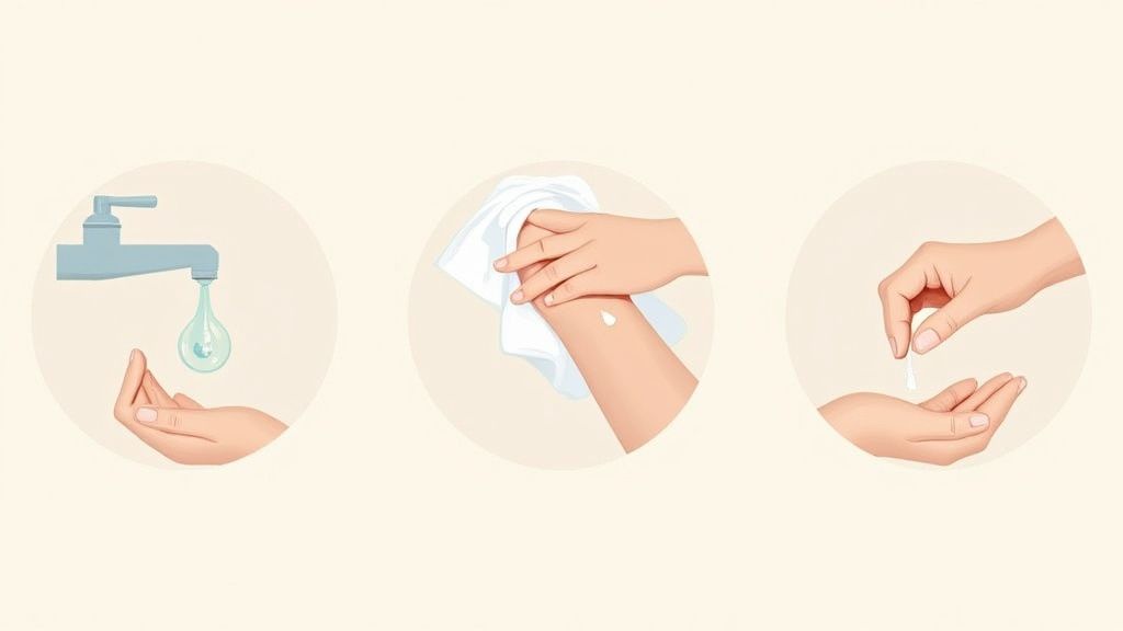 Three steps for skin care: washing hands, drying with a towel, and applying lotion or cream.