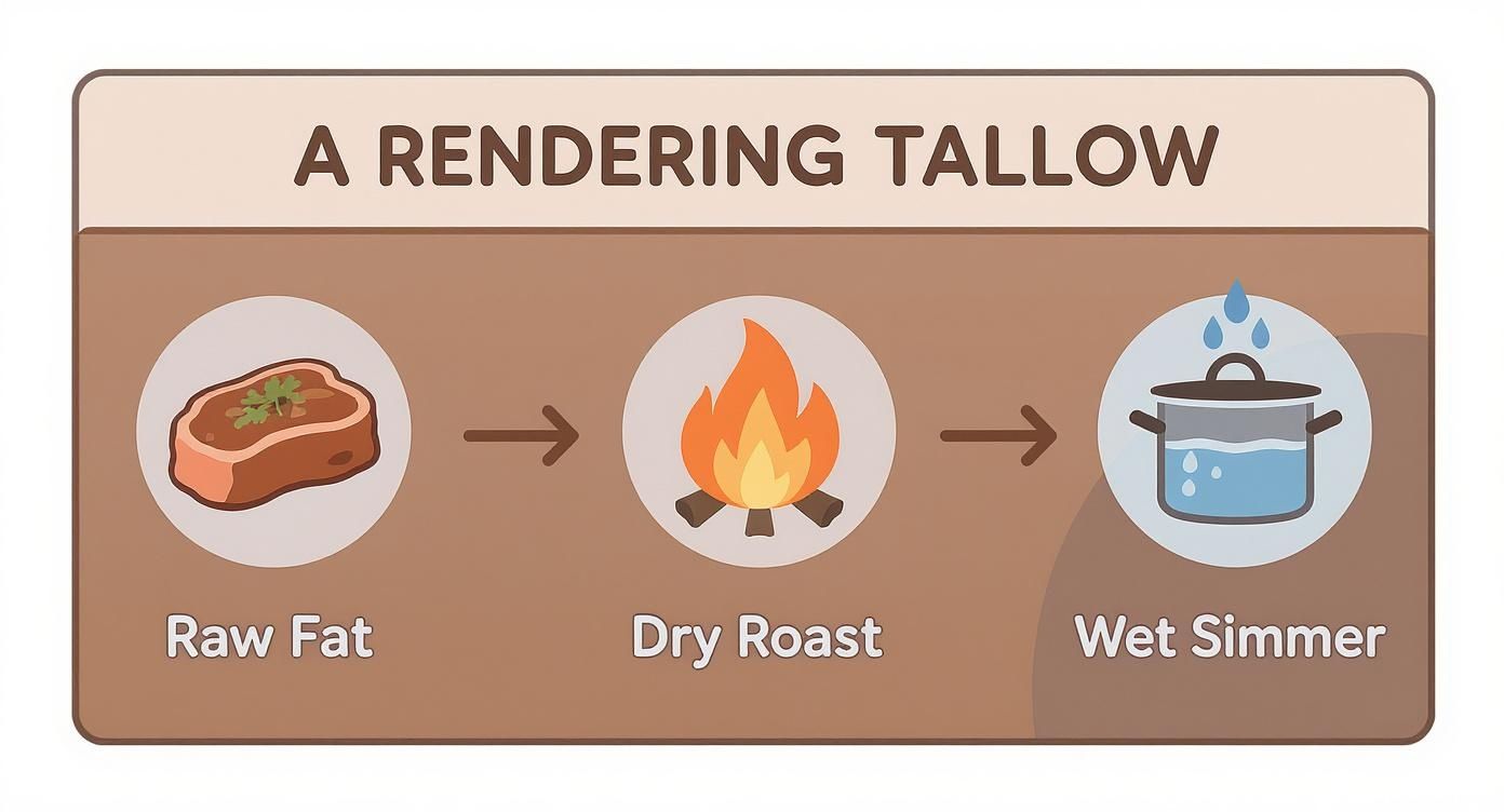 Diagram showing three steps of rendering tallow: raw fat, dry roast over fire, wet simmer in pot