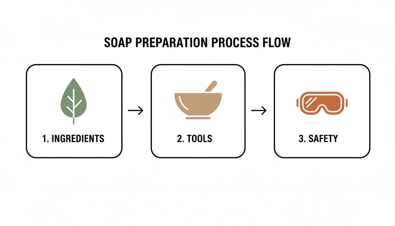 A three-step soap preparation process flow chart showing ingredients, tools, and safety measures.