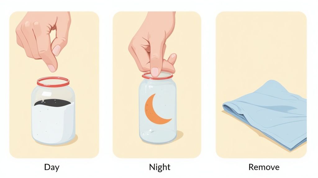 Three panels illustrate a daily organic tallow skincare routine, showing day application, night use, and product removal.