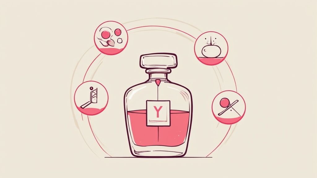 An assortment of perfume bottles and flowers representing synthetic fragrance.