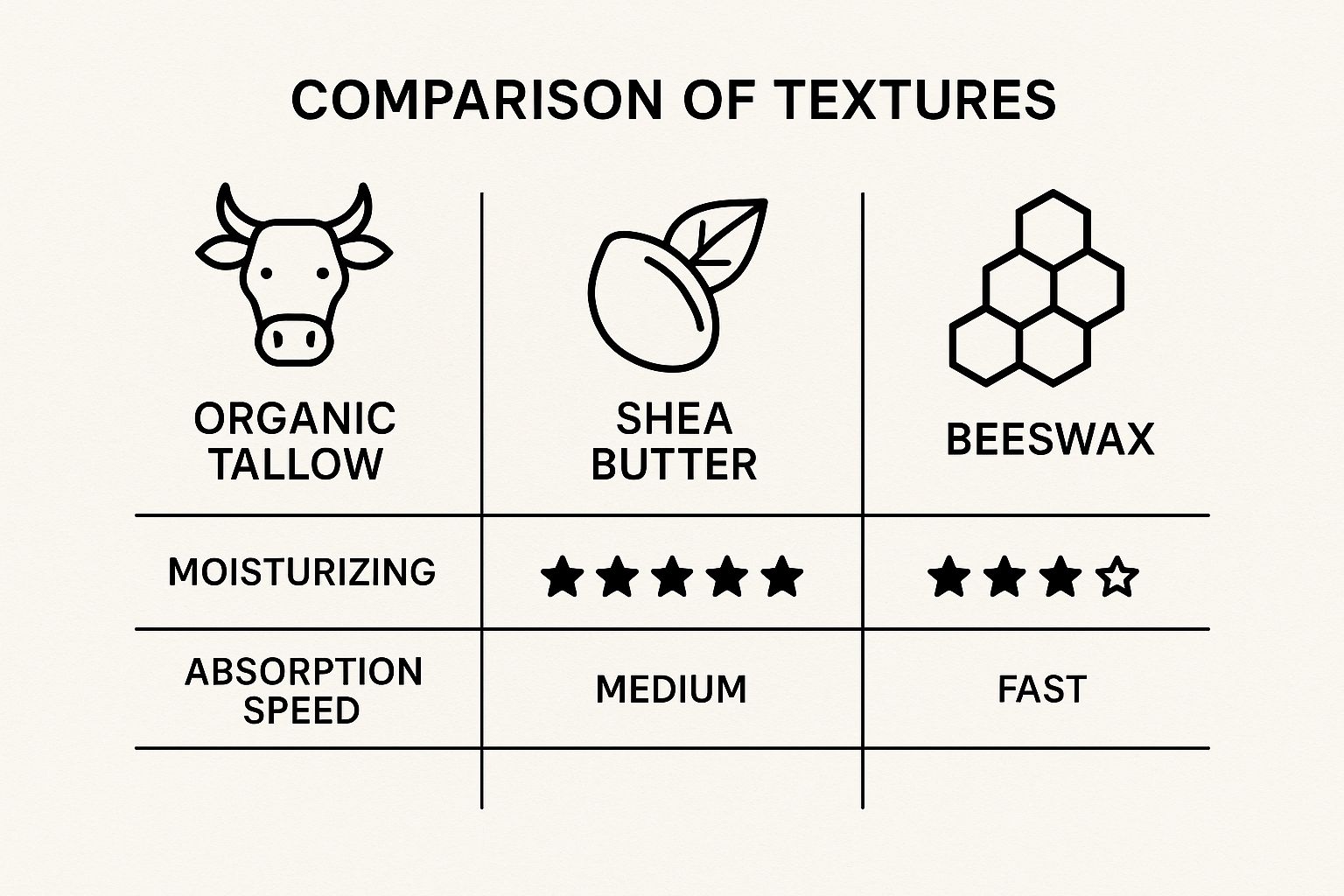 Infographic comparing organic tallow, shea butter, and beeswax on moisturizing score and absorption speed.