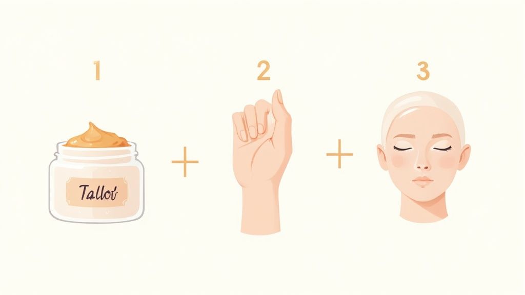 Illustration showing a jar labeled 'Tallot' (tallow), a hand, and a female face, depicting a skincare routine.