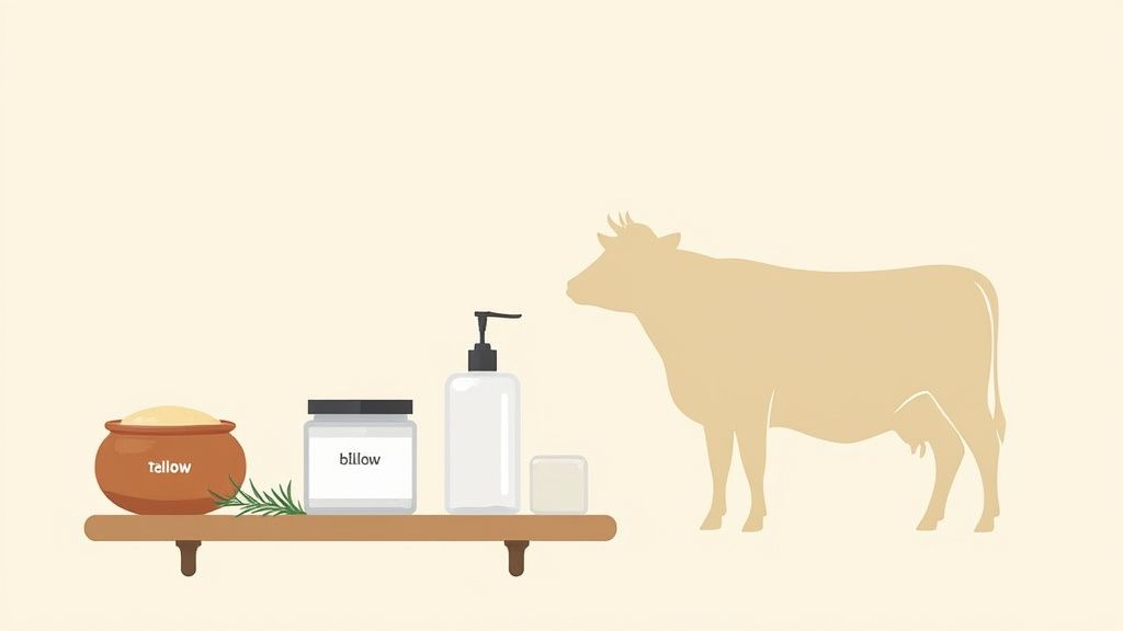 A cow illustration next to a shelf displaying tallow in a pot, rosemary, and skincare products.