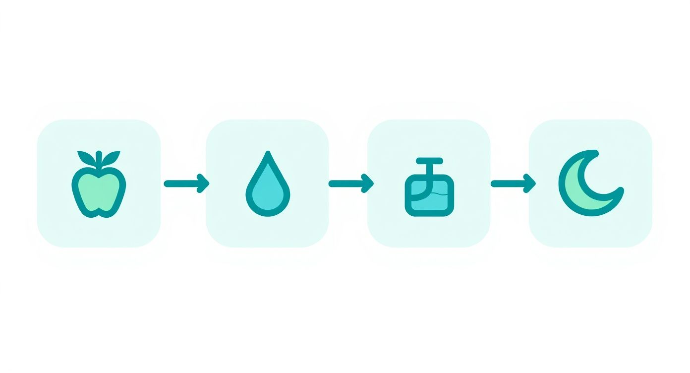 Infographic showing the process flow of skin recovery, highlighting diet, hydration, and sleep with corresponding icons.