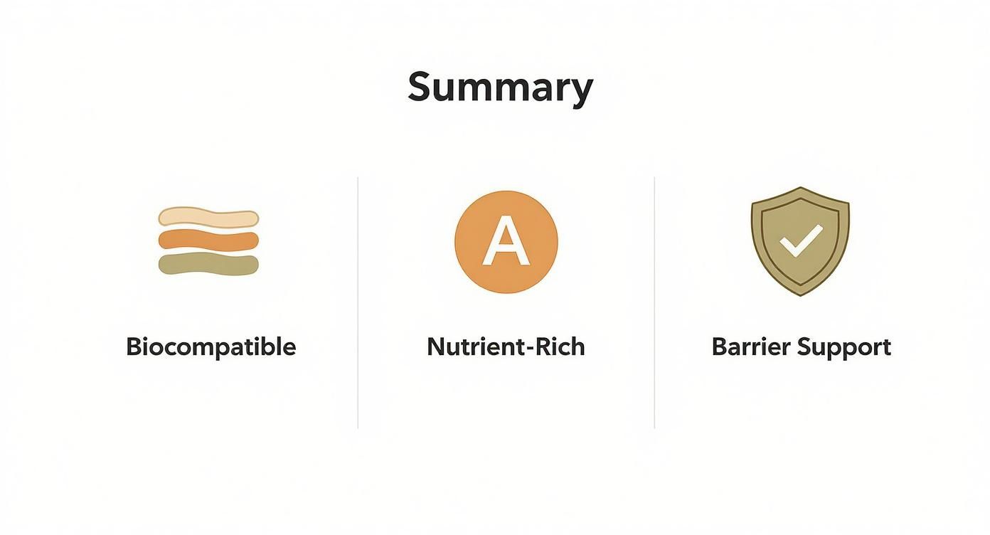 Three icons showing beef tallow benefits: biocompatible layers, nutrient-rich vitamin A, and barrier support shield