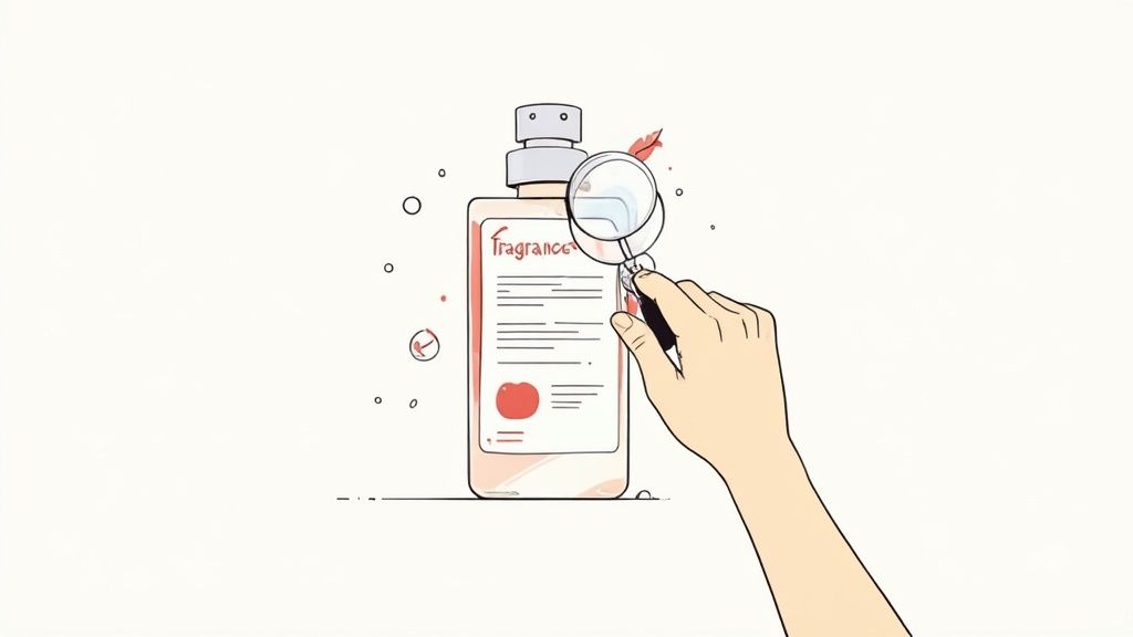 A hand holds a magnifying glass to inspect the ingredients on a bottle labeled "Fragrance".