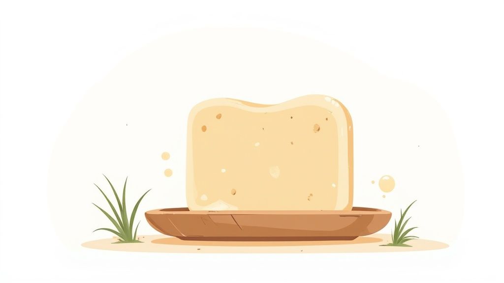 A bar of handcrafted grass-fed tallow soap resting on a wooden surface with natural elements around it.