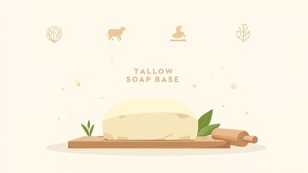 Illustration of a tallow soap base block on a wooden board with green leaves and a rolling pin.
