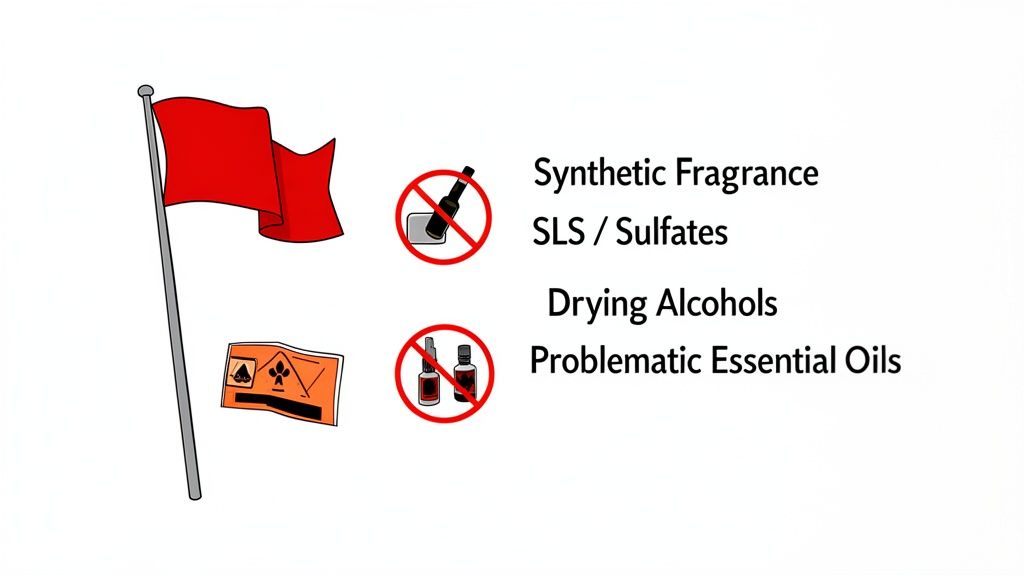 Red flag warns against synthetic fragrance, sulfates, drying alcohols, and problematic essential oils.