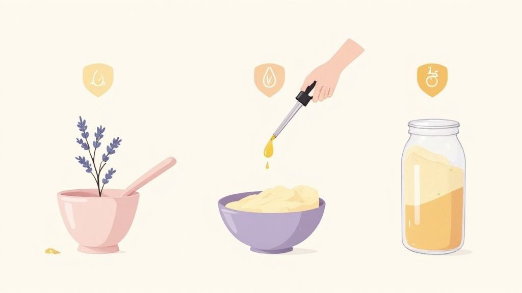Illustration showing natural ingredients preparation, with lavender, cream, oil, and various wellness-related icons.