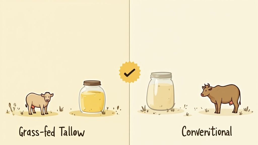 Illustration comparing golden grass-fed tallow from a light brown cow with conventional tallow from a darker cow.