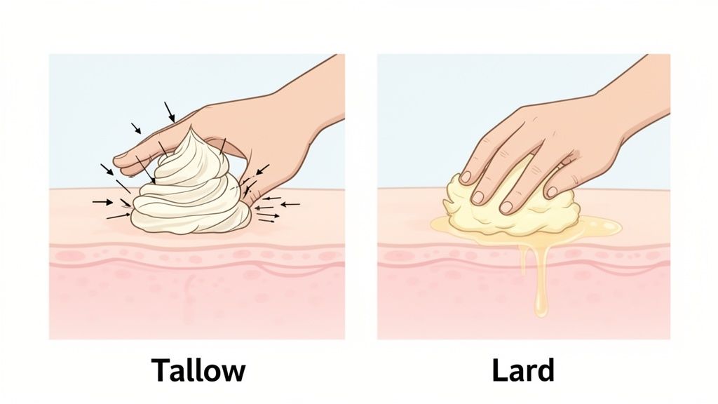 Visual comparison shows a hand pressing firm tallow and a hand spreading melting lard on skin.