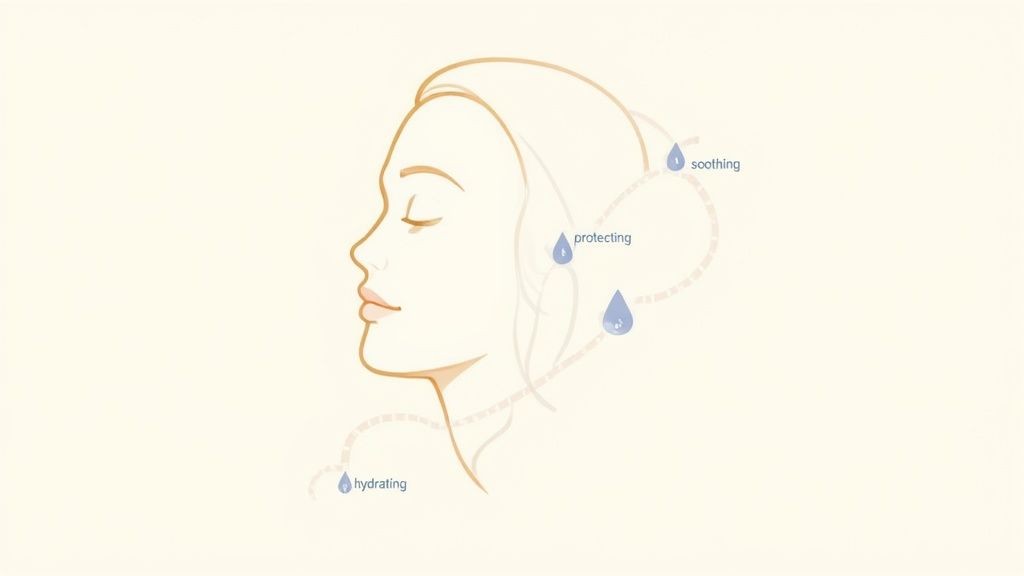 Woman applying moisturizer to her face, representing calm and hydrated skin