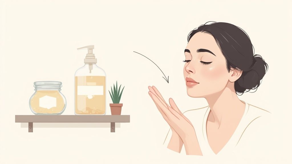 Woman applying natural facial moisturizer with skincare products on shelf illustration
