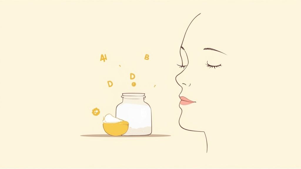 Minimalist illustration showing jar of tallow and woman's profile with vitamins symbolizing skincare benefits