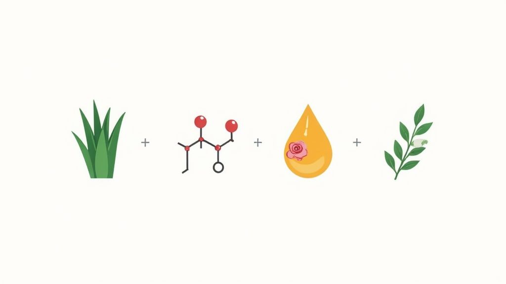 A collection of natural skincare ingredients like aloe vera, rosehip, and tea tree oil arranged beautifully.