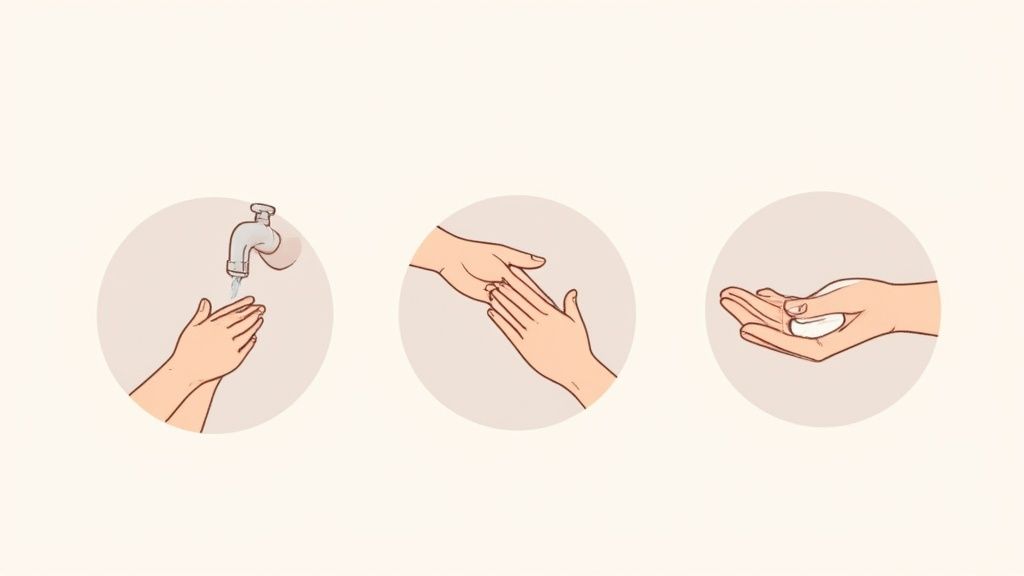 Three-step handwashing illustration showing wet hands, lather soap, and rinse thoroughly for proper hygiene