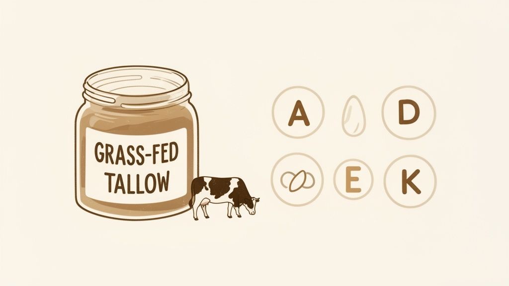 An illustration of a jar of grass-fed tallow next to a cow, highlighting vitamins A, D, E, K.