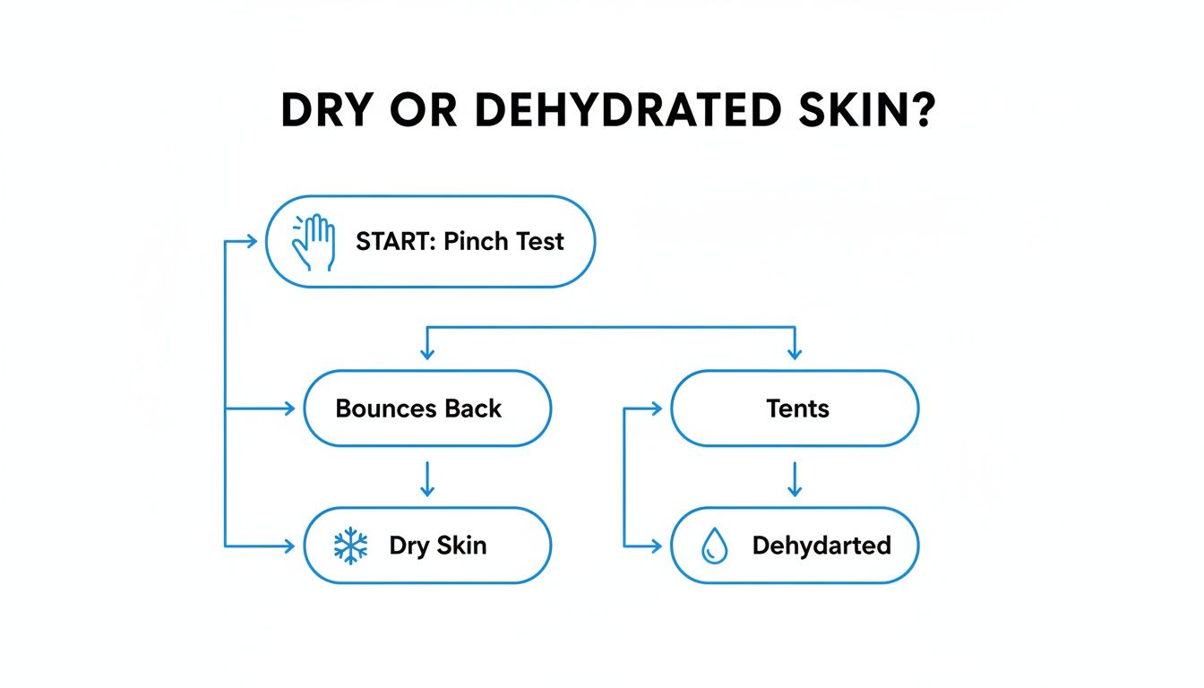 A flowchart detailing a pinch test to differentiate between dry skin and dehydrated skin based on how skin bounces or tents.