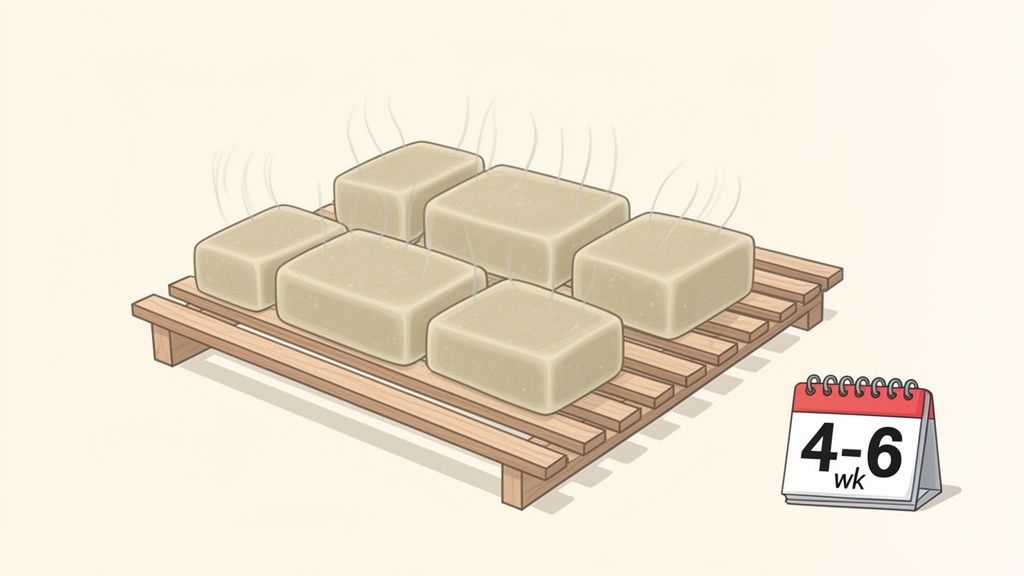 Six beige soap blocks are curing on a wooden drying rack, with a calendar showing 4-6 weeks.