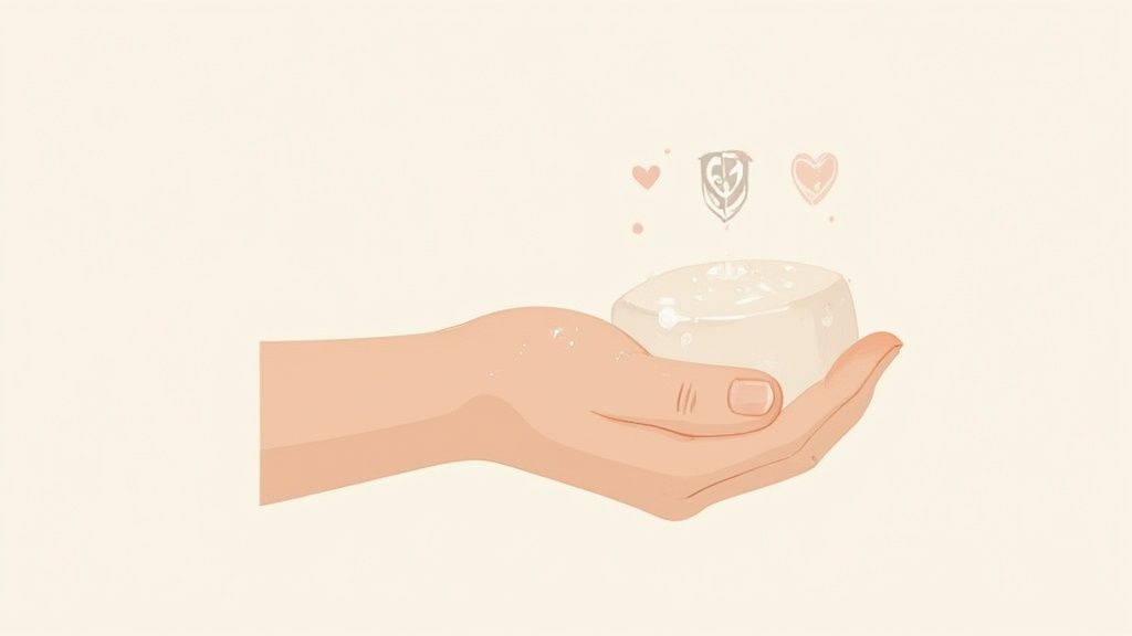 A gentle hand holds a translucent bar of natural soap, with small heart and shield symbols floating above.