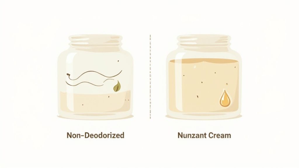 Two jars compare non-deodorized cream with impurities versus clean, refined Nunzant Cream.