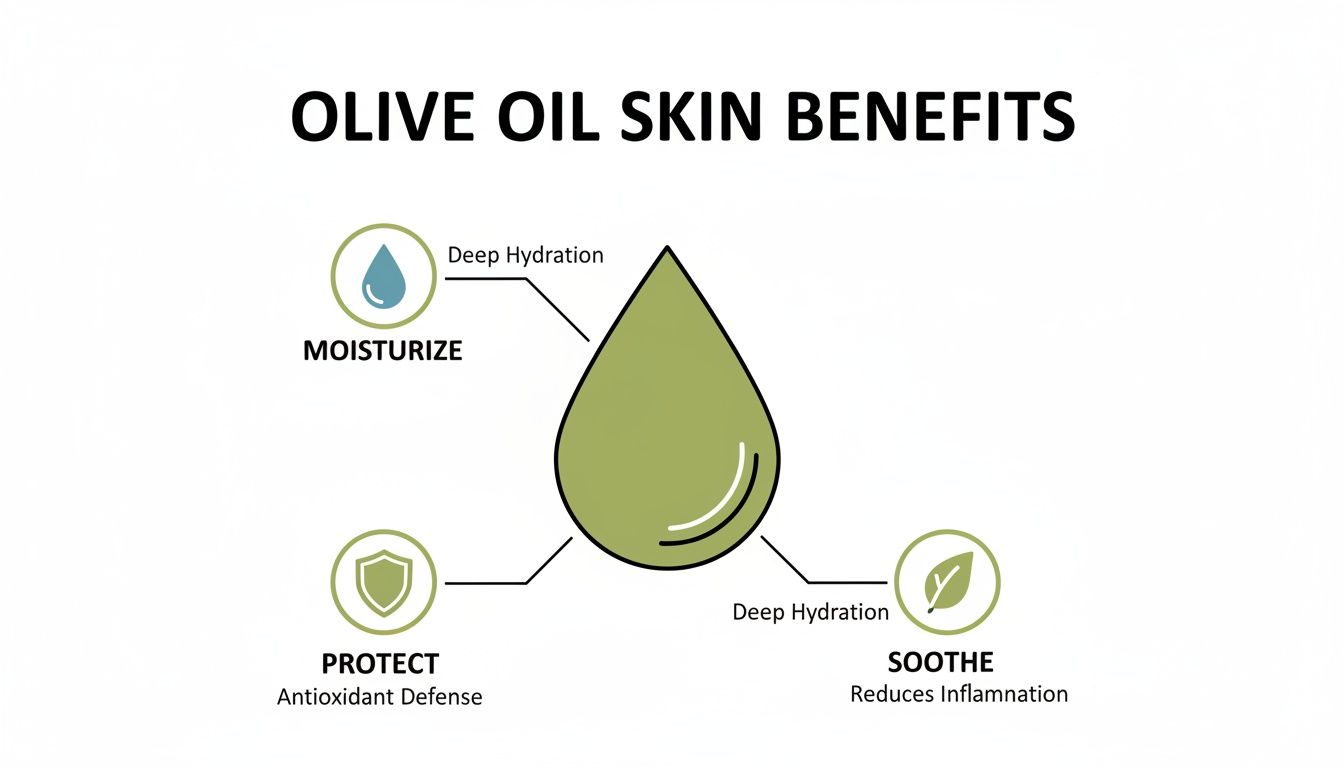 Infographic showing olive oil skin benefits: moisturize for deep hydration, protect with antioxidant defense, and soothe reducing inflammation.
